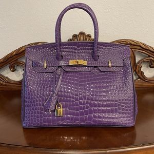 Raphael CrocoLux Birkin Shape Leather Handbag Purple Crocodile Leather Carry Bag